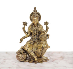 Superfine Brass Lakshmi idol, seated figure with crown, lotus base, raised arm