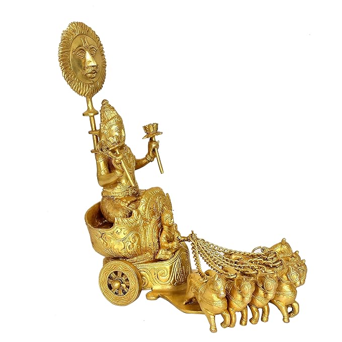 Brass Sun Chariot Rath with 7 Horse Statue (Height: 13 Inches)