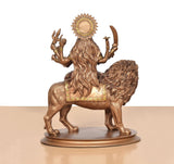Back view: Durga Maa resin idol with tall crown on lion, seated on round base