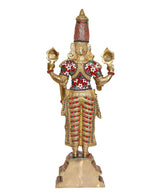 Back view brass Balaji idol statue with gold-tone body and multicolour dress