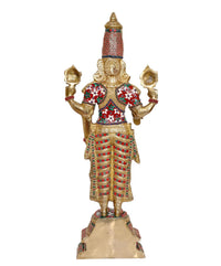 Back view brass Balaji idol statue with gold-tone body and multicolour dress