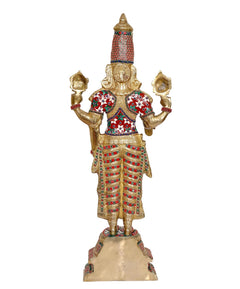 Back view brass Balaji idol statue with gold-tone body and multicolour dress