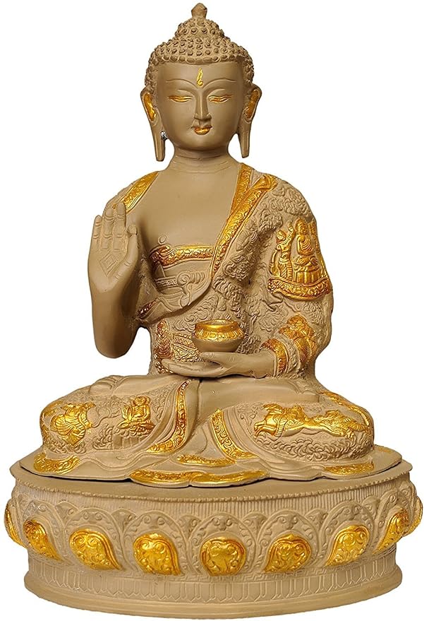 Brass Buddha statue seated in Abhaya mudra, raised blessing hand, 14 in