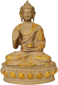 Brass Buddha statue seated in Abhaya mudra, raised blessing hand, 14 in