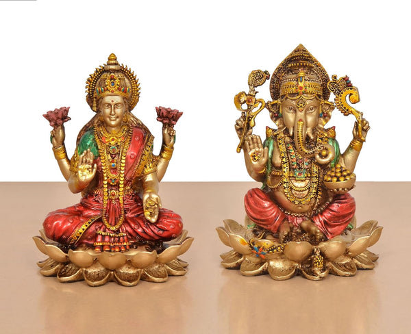 Resin Lakshmi Ganesh Sitting on Lotus (Height 6 Inch) Study Setting