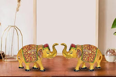Gold elephant idol figurines with red and green patterned body detail, 3-inch