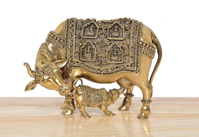 Bronze Kamdhenu Cow with Calf and Ashtalakshmi Showpiece (Height: 7 inch)