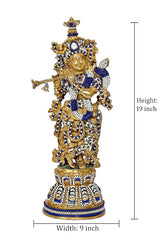 Brass Krishna idol figurine, 19 inch tall, flute pose, blue & white jeweled detailing