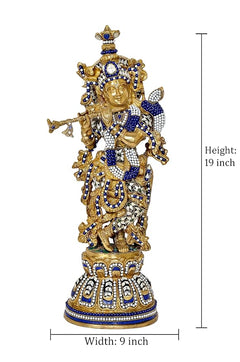 Brass Krishna idol figurine, 19 inch tall, flute pose, blue & white jeweled detailing