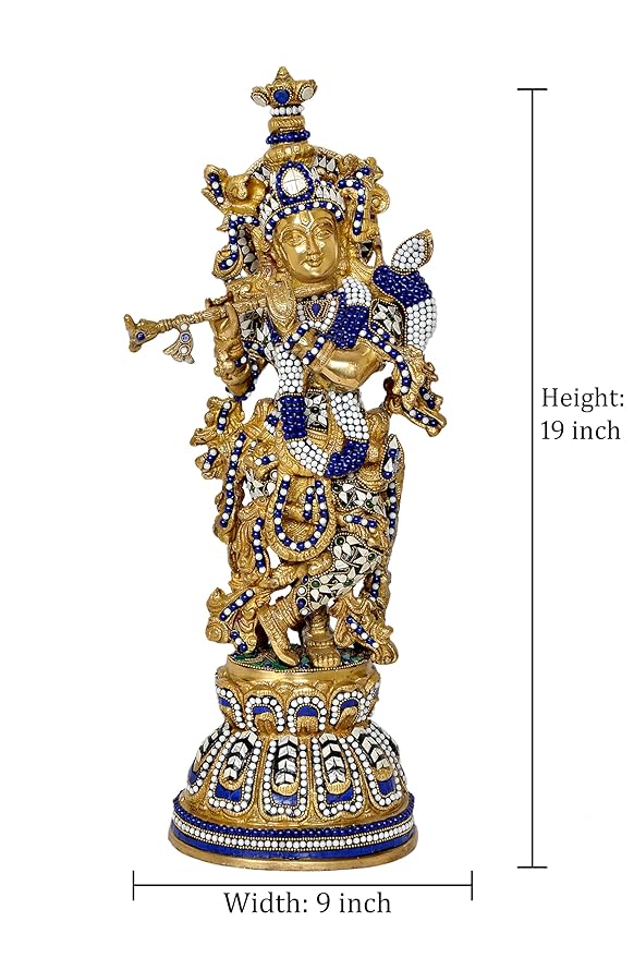 Brass Lord Krishna Idol Figurine Sculpture Playing Flute Statue Decorative Showpiece, (Height 19 Inch)