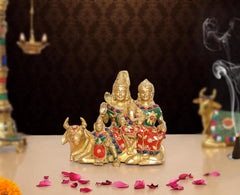 Brass Shiv family idol seated on nandi, multicolor detailing, 5.5 inch