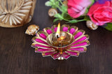 Pink metal flower diya with brass bowl and flame, 3.5 inch home décor