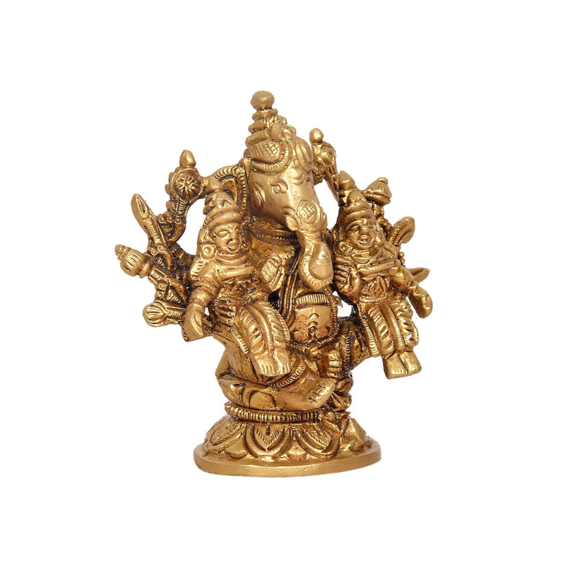 Brass Ganesha with Riddhi and Siddhi Idol - Hindu Deity Statue for Home Temple (Height : 3 inch)