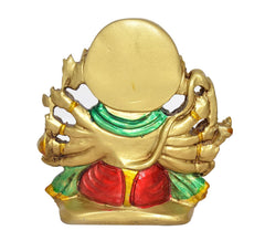 Back view of Panchmukhi Hanuman resin idol, gold finish, green drape, red lower cloth
