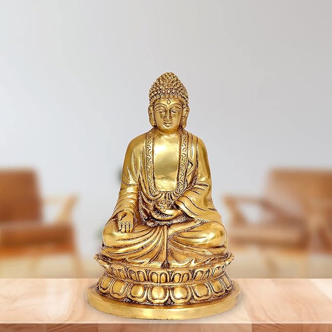 Brass Buddha statue seated on base, front view, 8-inch height