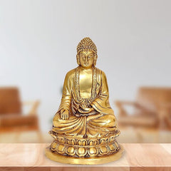 Brass Buddha statue seated on base, front view, 8-inch height