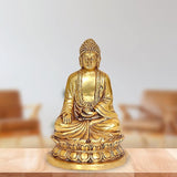 Gold Buddha lotus sitting statue with ornate robe details, front view on round base