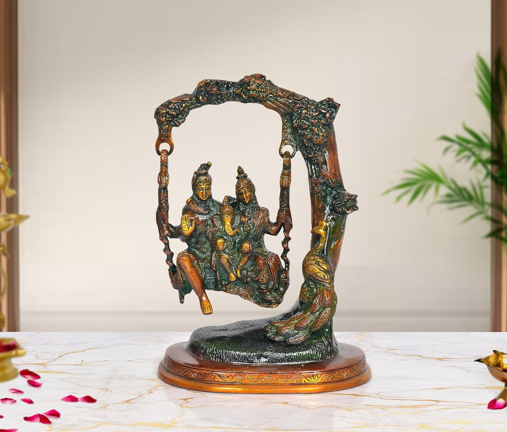 Brass Shiva Swings with Parvati and Ganesha Murti (Height: 10 inch)