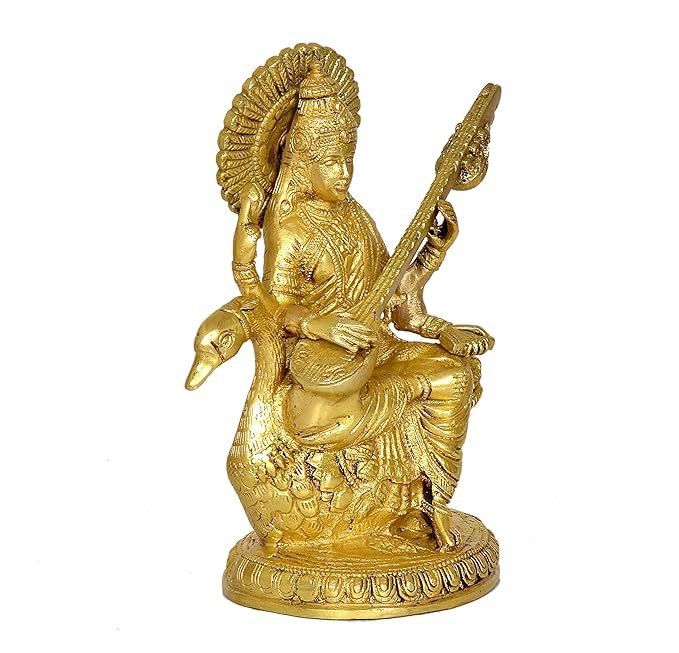 Brass Saraswati Idol On Swan Murti for Temple Home Decor | Height : 9 Inches (Golden)