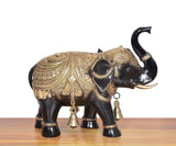 Brass elephant figurine, close side angle, gold chest details and hanging bell ornaments