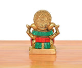 Brass Ganpati Bappa murti, rear view, red and teal outfit with golden back detailing