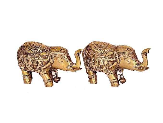 Dattatreya Brass Royal Elephant Idol Figurine Showpiece Golden Height 2.5 Inches (Set of 2)