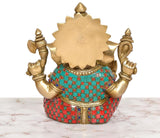 Brass Ganpati Bappa murti back view, gold-toned back panel with multicolor waist jewels