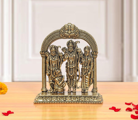 Superfine Brass Ram Darbar with Sita Lakshman Hanuman on Carved Frame with Kirtimukha Finish Statue (Height: 4 Inch)