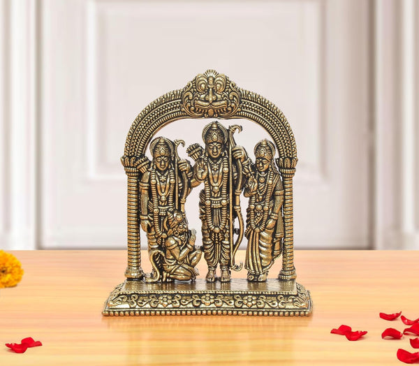 Superfine Brass Ram Darbar with Sita Lakshman Hanuman on Carved Frame with Kirtimukha Finish Statue (Height: 4 Inch)