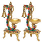 Brass Pair of Bird Peacock Oil Lamp Stand | Bell Diya | (Pack of 2) (Height :8 inch )