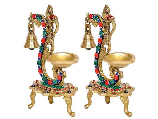 Brass Pair of Bird Peacock Oil Lamp Stand | Bell Diya | (Pack of 2) (Height :8 inch ) Study Setting