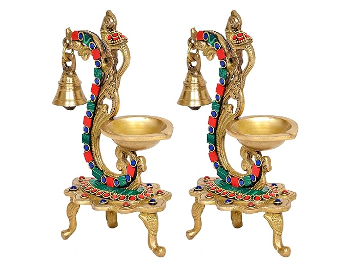 Brass Pair of Bird Peacock Oil Lamp Stand | Bell Diya | (Pack of 2) (Height :8 inch )