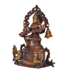 Rear view Saraswati brass statue holding veena with two bell pots on swan base