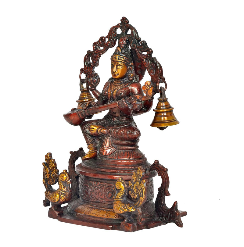 Brass Goddess Saraswati Sitting On Swan Devi of Study Maa Saraswati for Home Decor Office Mandir Pooja (Height: 8 Inch)