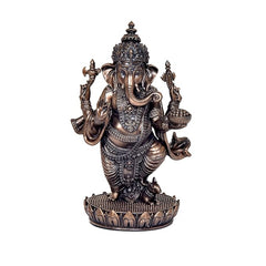 Lord Ganesha resin idol figurine with four arms, dark bronze, standing on lotus base, 5 inch
