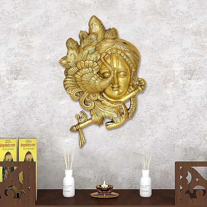 Brass Krishna Statue Idol Playing Flute Wall Hanging for Temple Home Decor Diwali | Height : 12.5 Inch (Golden)