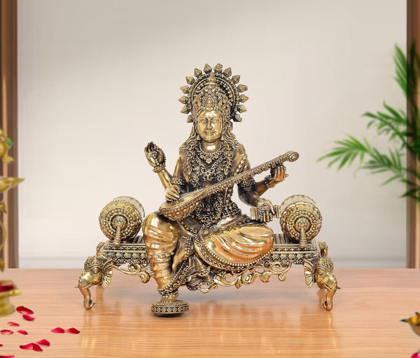 Superfine Brass Goddess Saraswati On Throne Idol (Height: 8 inch)