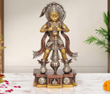 Brass standing Hanuman murti with raised mace, ornate crown, hands in blessing pose