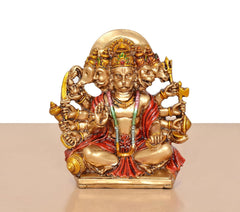 Panchmukhi Hanuman resin idol, close view of five faces, red draped clothing and ornaments