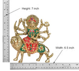 Durga Maa brass idol on lion, Height 7 in, green/red decorated attire, full view