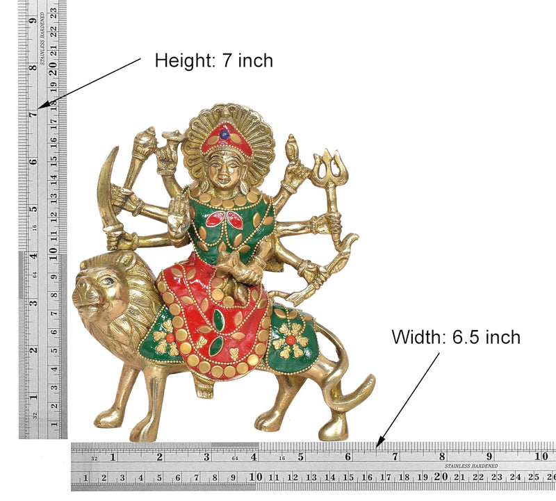 Brass Durga Maa with Lion Idol Hindu Goddess Sherawali MATA Murti MATA Rani Statue Figurine Home Temple (Height: 7 Inch)