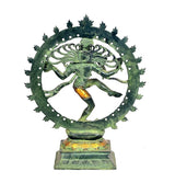 Back view Nataraja Shiva idol sculpture, green bronze look with halo and spiked rim
