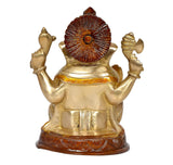 Back view brass Ganesha idol with dark fan-like crown centerpiece and gold body