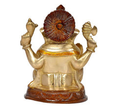 Back view brass Ganesha idol with dark fan-like crown centerpiece and gold body