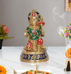 Brass Hanuman Ji sitting idol statue with green tunic and red accents, ornate base