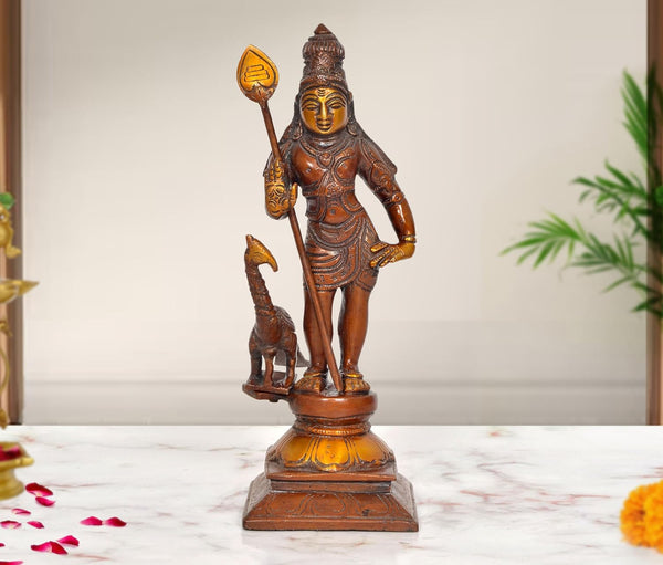 Brass Karthikeya Standing with Peacock Idol (Height: 10 inch)
