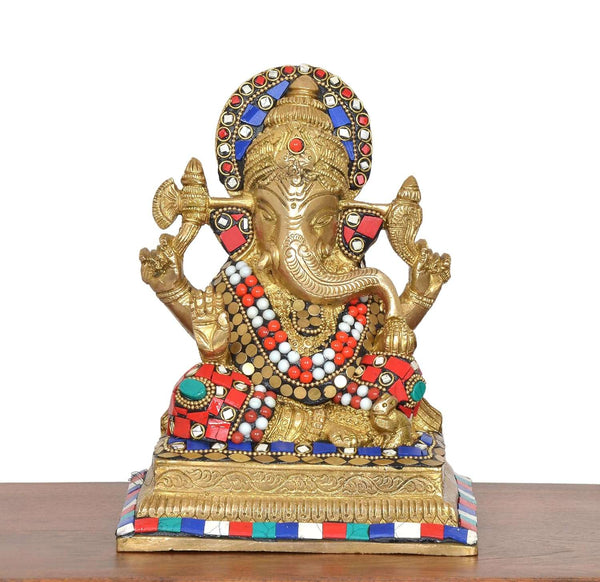 Brass Lord Ganesha Idol (Height 7.5 Inch) (multicolour) Entryway Setting