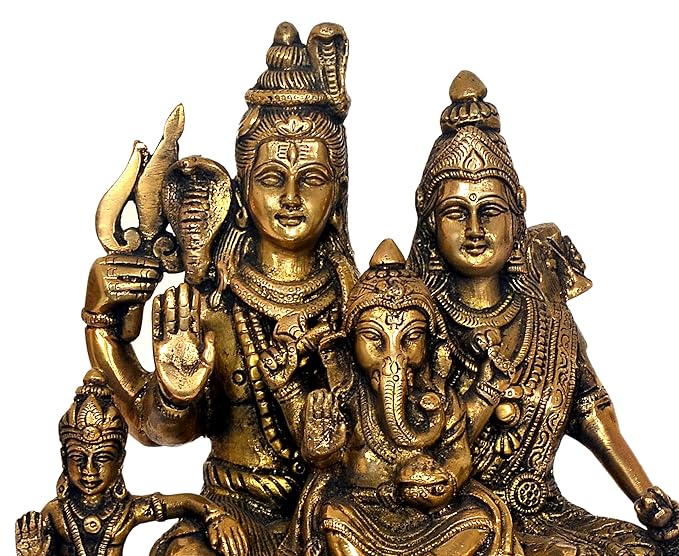 Brass Shiv Parivar Statue Idol On Base Holding Trident for Home Decor | Height : 10 inches Craft Detail