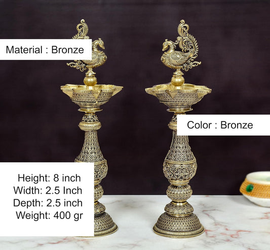 Bronze Peacock On Oil Lamp - Pack of 2 | (Height 8 Inch)