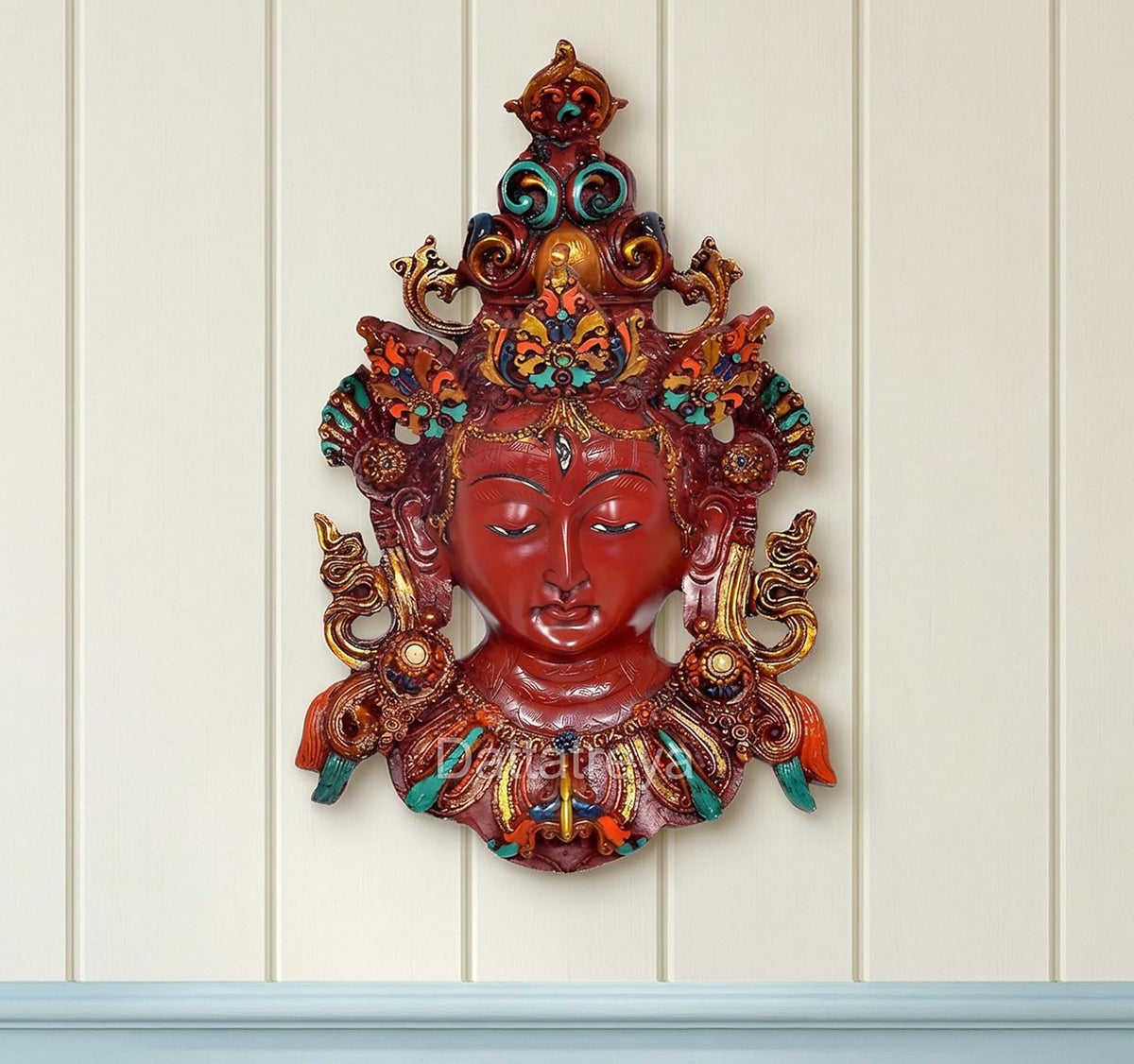 Resin Goddess Tara Wall Hanging Mask Buddhist Deity Handmade Statue Nepali Style (Height : 12 Inch) (Multicolour)